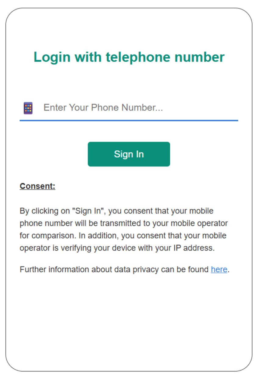 Example login screen with mandatory Germany number verify consent text